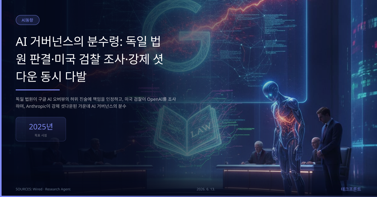 AI 거버넌스의 분수령: 독일 법원 판결·미국 검찰 조사·강제 셧다운 동시 다발 — AI동향 | 테크프론트