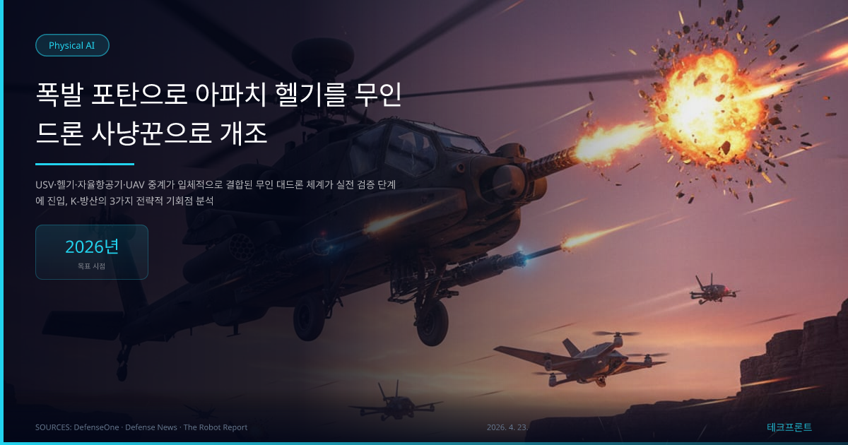 폭발 포탄으로 아파치 헬기를 무인 드론 사냥꾼으로 개조 — Physical AI | 테크프론트