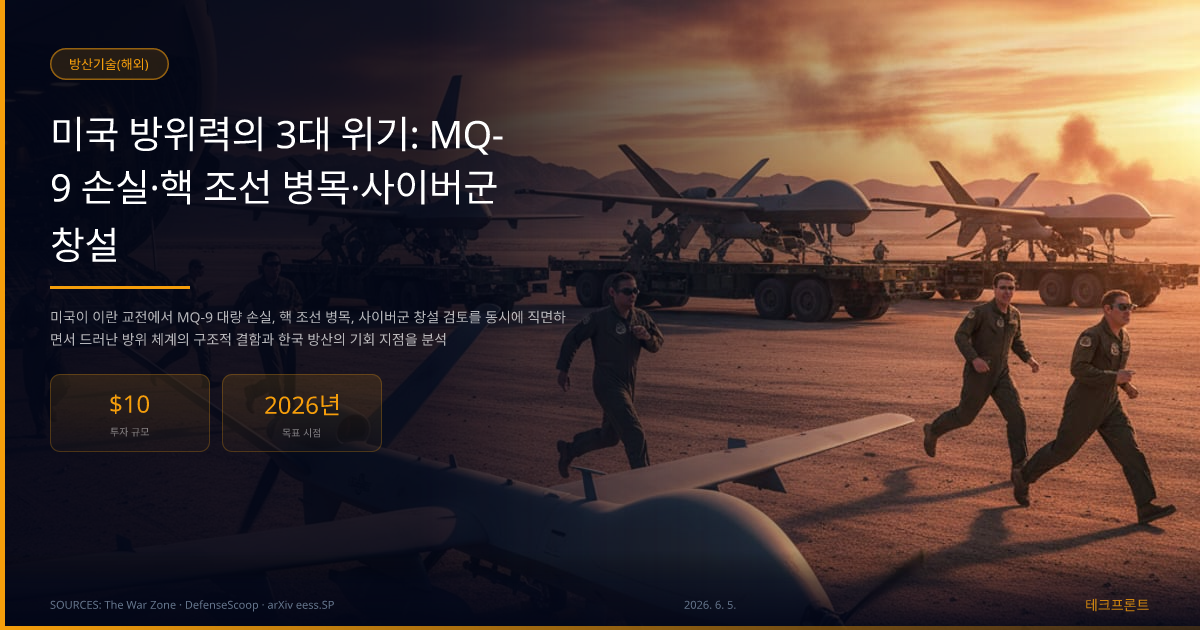 미국 방위력의 3대 위기: MQ-9 손실·핵 조선 병목·사이버군 창설 — 방산기술(해외) | 테크프론트